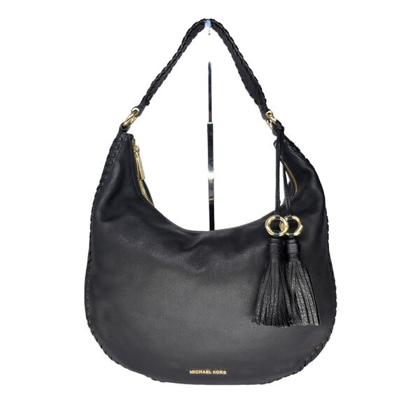 Michael Kors Handbag Purse Black Leather Gold Tassel Fringe Half Moon Shoulder - Picture 1 of 12